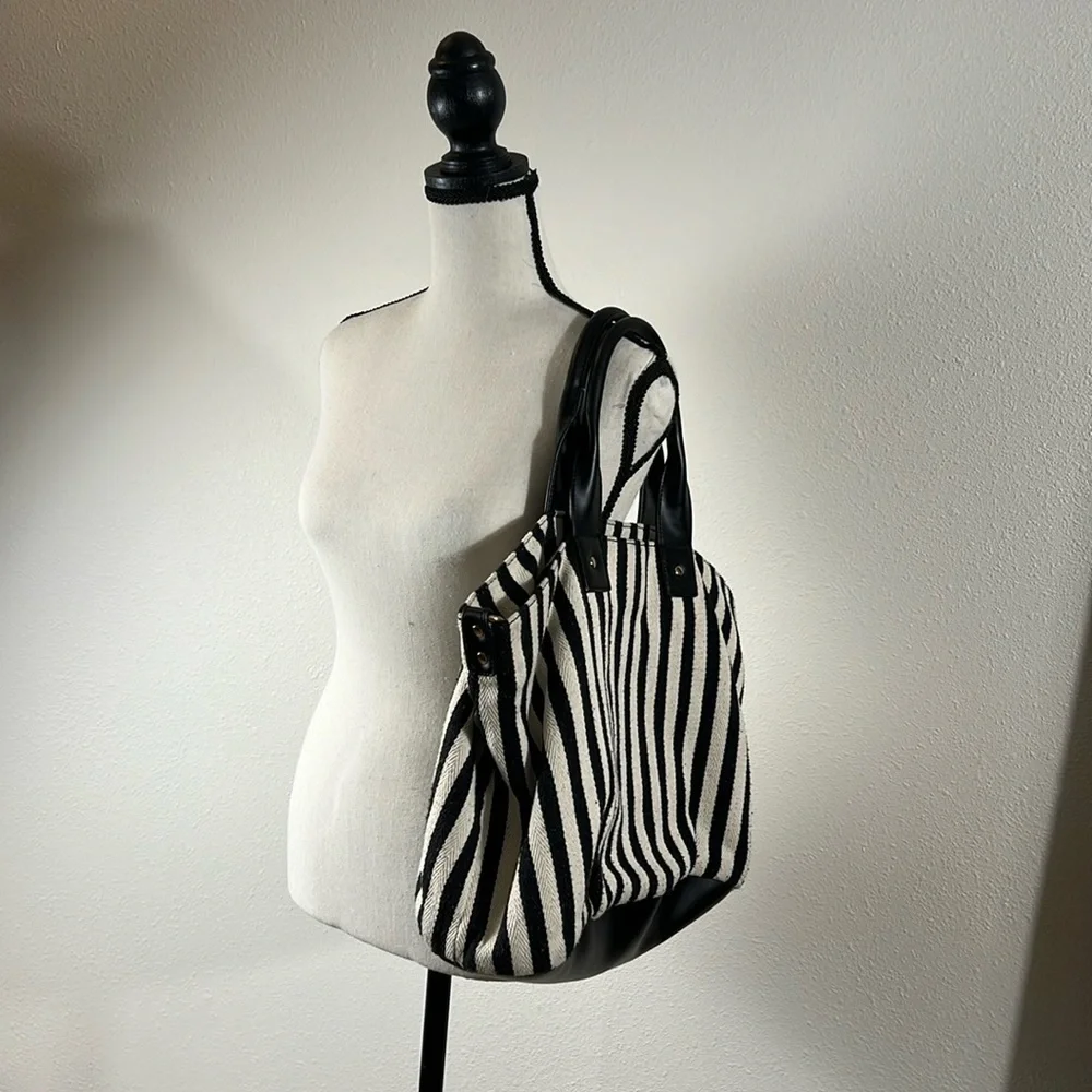 Moda Luxe Black & Cream Vertical Stripe Hobo Tote